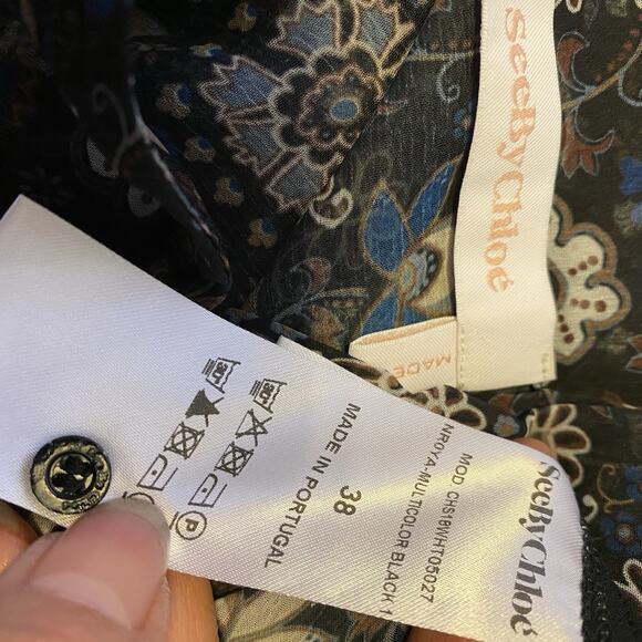 See by Chloe Women S/M Black Floral Mesh Blouse Top Dark LongSleeve Luxury Silky - Picture 2 of 8